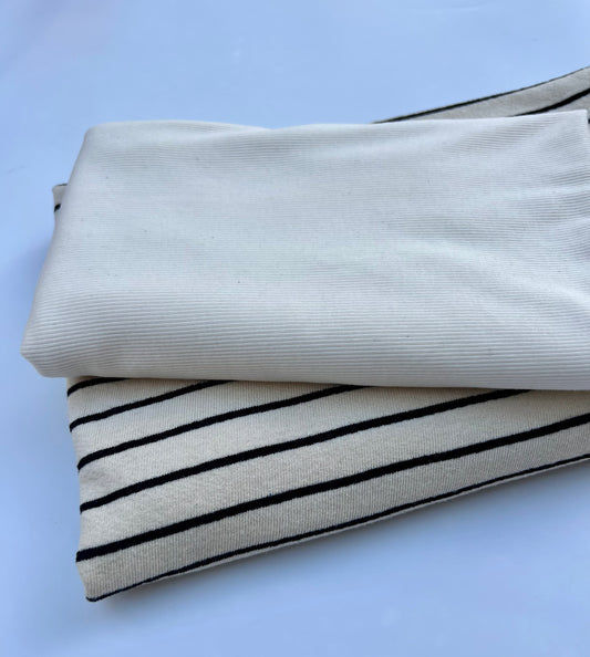 Laundered High Loop French Terry - Black and Cream Wide Stripe