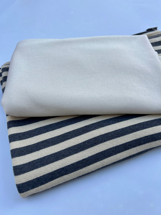 Laundered High Loop French Terry - Charcoal and Cream Stripe